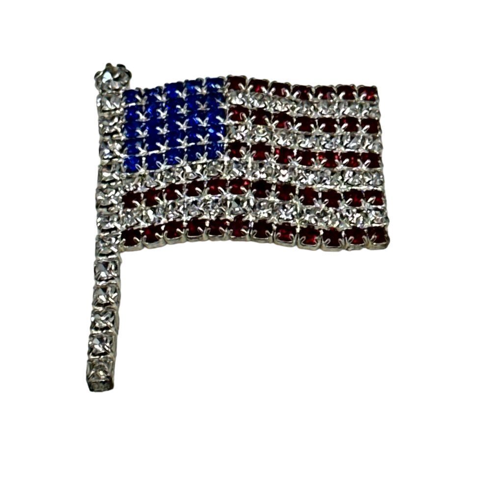 American Flag Brooch Patriotic Rhinestones Red White & Blue Pin